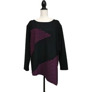 Vtg 80s Retro Black & Purple Glitter Striped Asymmetrical Hem Top Size 22/24